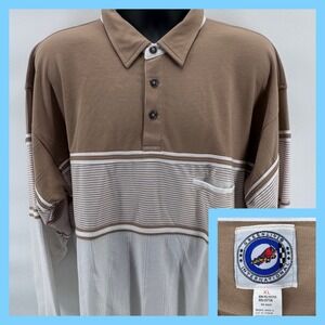 Greenline International Mens Long Sleeve Polo Shirt Brown Stripe Pocket XL‎